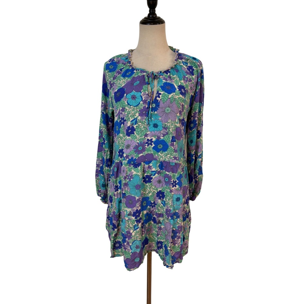 Show‎ Me Your Mumu Mini Bridie Dress L Blue Floral Boho Long Sleeve retro 70s